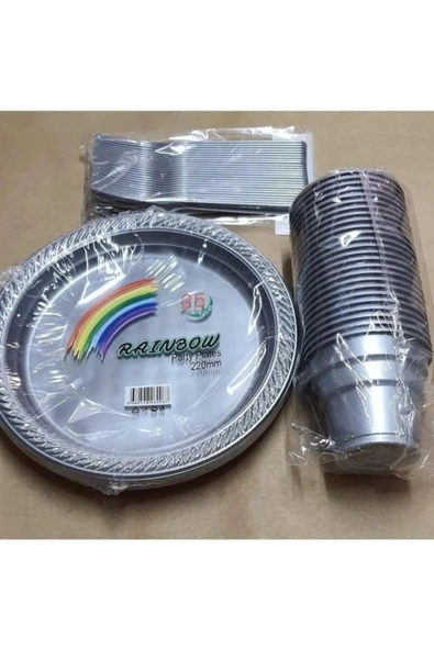Plastik Gümüş Tabak Bardak Çatal Seti  25 Kişilik ürün görseli 1