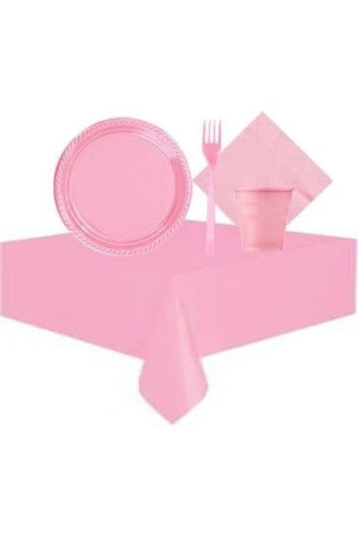 Plastik Kullan At Tabak Bardak Çatal Peçete Masa Örtüsü Seti Pembe ürün görseli 1