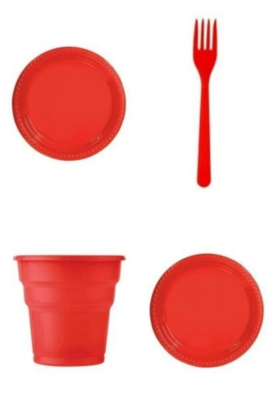 Kırmızı Plastik 25 Tabak 25 Bardak 25 Çatal Set ürün görseli 1