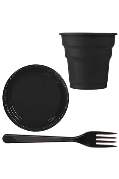 Siyah Plastik 16 Kişilik Tabak Bardak Çatal Set ürün görseli 1