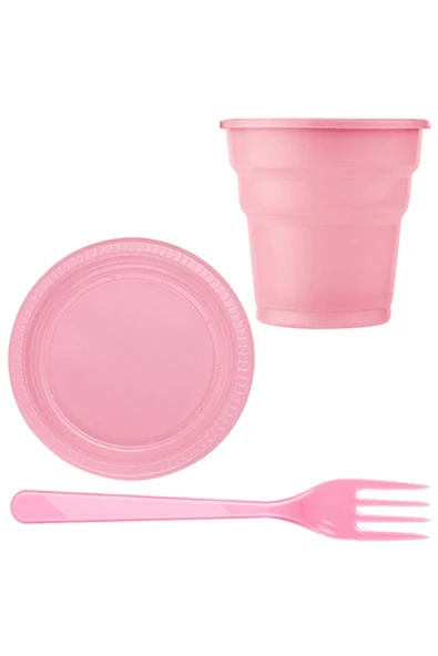 Pembe Plastik 16 Kişilik Tabak Bardak Çatal Set ürün görseli 1