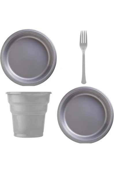 Plastik Gümüş Tabak Bardak Çatal Konsept - Parti Malzemeleri ürün görseli 1