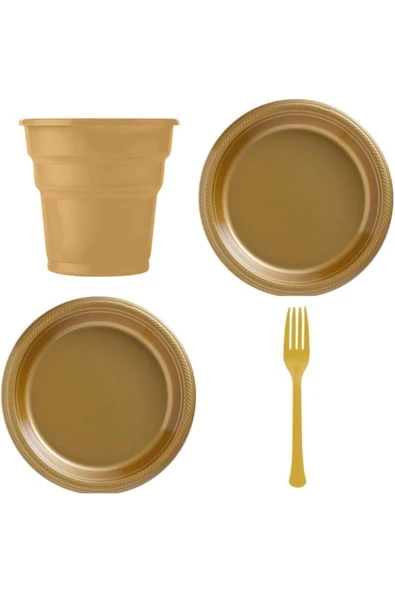 Altın Renk Plastik Bardak Çatal Tabak Set ürün görseli 1
