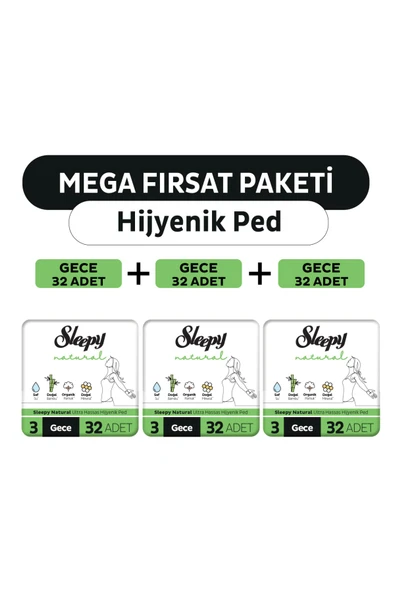 Sleepy Natural Ultra Hassas Hijyenik Ped Mega Fırsat Paketi Gece 96 Adet ürün görseli 1