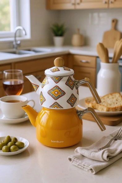 Bambum Unique - Bambu Kulplu Emaye Çaydanlık Takımı Hardal ürün görseli 1