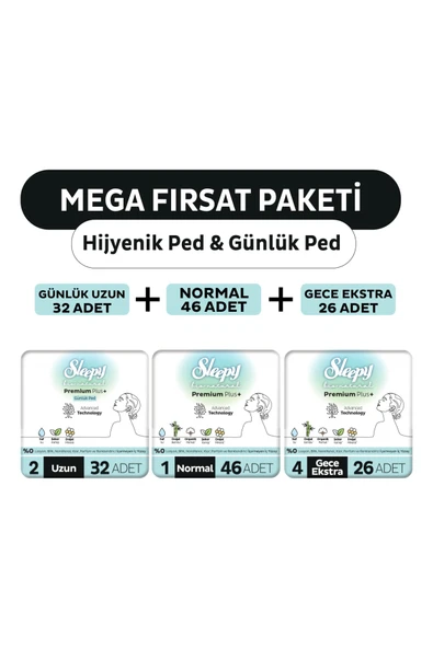 Sleepy Bio Natural Premium Plus Hijyenik Ped Mega Fırsat Paketi 72 Adet + Günlük Ped Uzun 32 Adet ürün görseli 1
