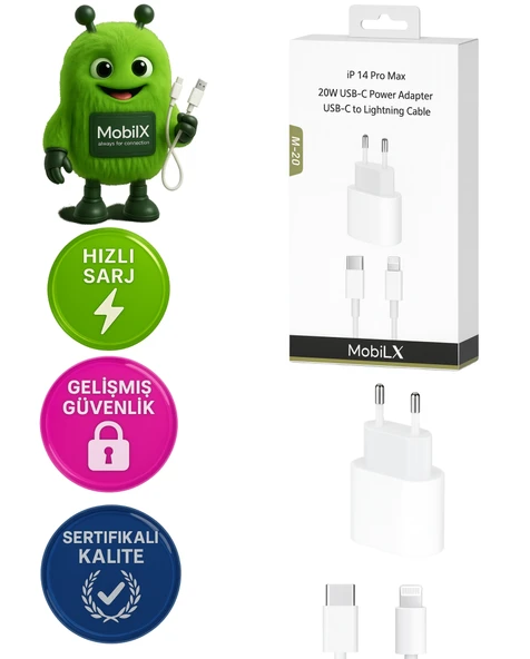 M-20 20W iPhone 8–14 Pro Max Uyumlu Hızlı Şarj Adaptörü + USB-C to Lightning Kablo ürün görseli 1