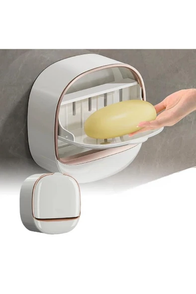 Kapaklı Oval Sabunluk Yapışkanlı Duvara Monte Banyo Mutfak Süngerlik Su Tutmaz Sabun Kutusu ürün görseli 1