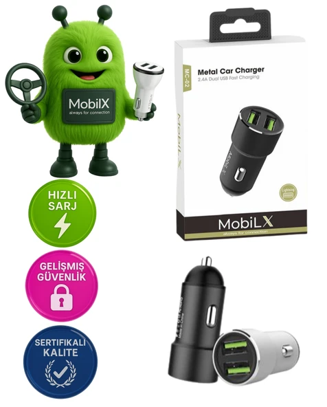 MC-02 2.4A Çift USB Portlu Metal Araç Şarj Cihazı | Type-C ve Lightning Kablo Uyumlu – Siyah ürün görseli 1