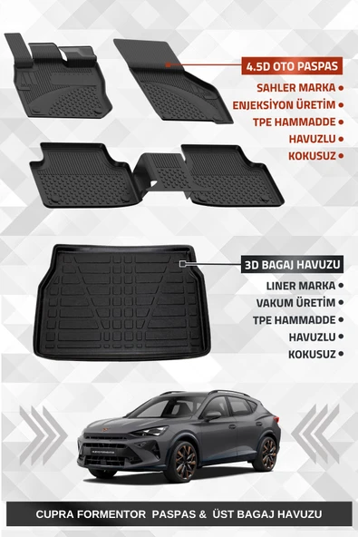 Sahler Cupra Formentor Mild Hybrid 2024+ Uyumlu 4.5D Premium Havuzlu Oto Paspas ve Liner Marka 3D ÜST Bagaj Havuzu ürün görseli 1
