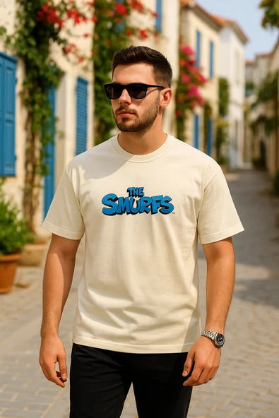 Ön Ve Arka Baskılı Oversize Bisiklet Yaka T-shirt- Beyaz ürün görseli 1