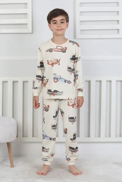 Racing Car And Aeroplane Desenli Erkek Çocuk Pijama Takımı ürün görseli 1