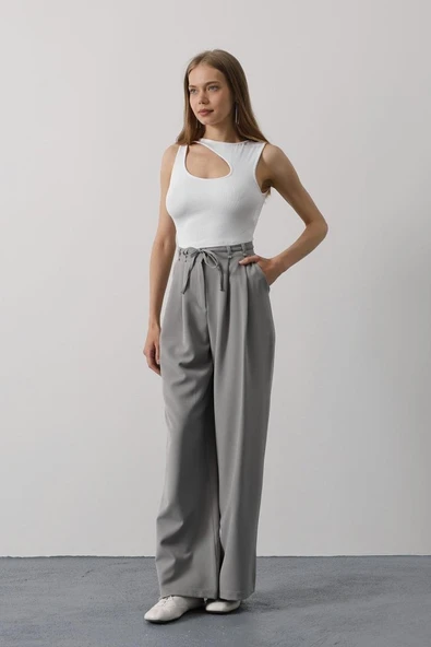 Pileli Bağcıklı Oversize Pantolon - Gri ürün görseli 1