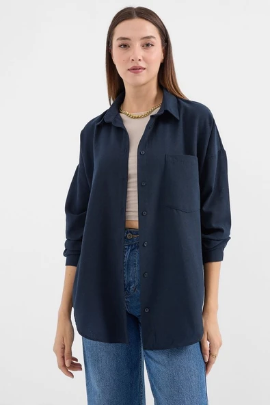 20153 Tek Cepli Oversize Keten Gömlek - Lacivert ürün görseli 1