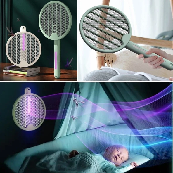 BUFFER® Tenis Raketi Tipi Masaüstü Olabilen Gece Lambalı Sinek Kovucu,Öldürücü Raket ürün görseli 1