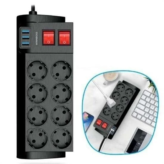 BUFFER® Isıya Dayanıklı Termal Akım Korumalı 2 Metre 16A 4000W 8li Priz ve 3 Usb Li Uzatma Kablosu ürün görseli 1