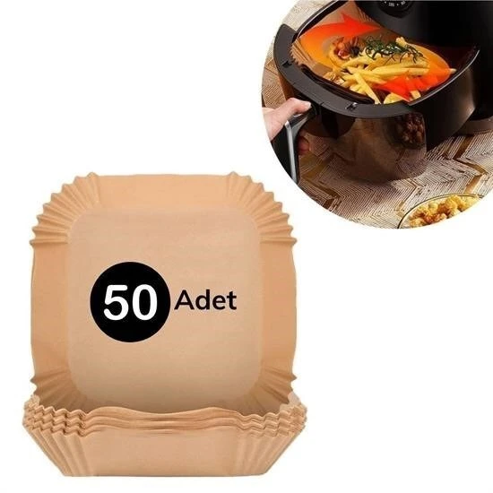 50 Adet Air Fryer Pişirme Kağıdı Tek Kullanımlık Hava Fritöz Yağ Geçirmez Yapışmaz Kare Tabak Model ürün görseli 1