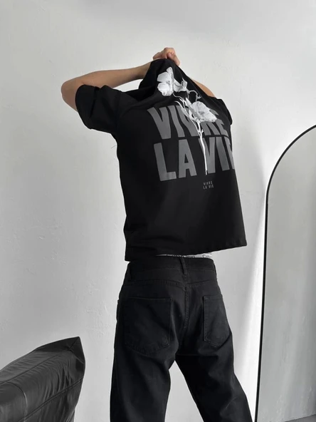 Baskılı Oversize Bisiklet Yaka T-shirt - Siyah ürün görseli 1
