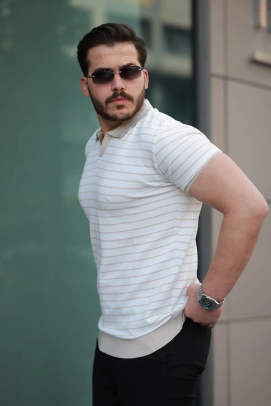 Erkek Kısa Kollu çizgi Desenli örme Kumaş Tshirt ürün görseli 1