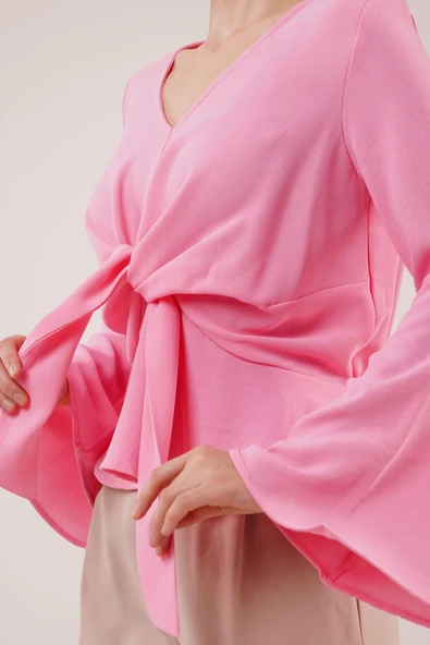 Ön Bağlamalı Volan Kol Pembe Bluz - Resim 4