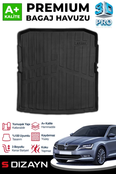 S-Dizayn Skoda SuperB 3D Pro Bagaj Havuzu 2015-2024 A+ Kalite ürün görseli 1