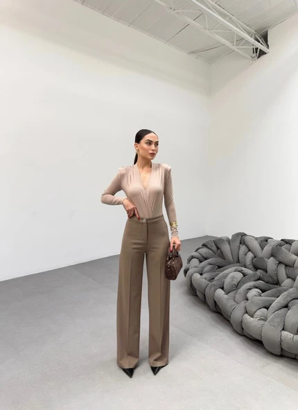 230 Gr Poly Viscose Lycra Metal Düğme Palazzo Pantolon ürün görseli 1