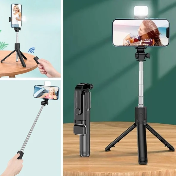 BUFFER® Kendiliğinden Işıklı Masaüstü Tripod Olabilen Telefon Tutuculu Kablosuz Kumandalı Selfie Çubuğu ürün görseli 1