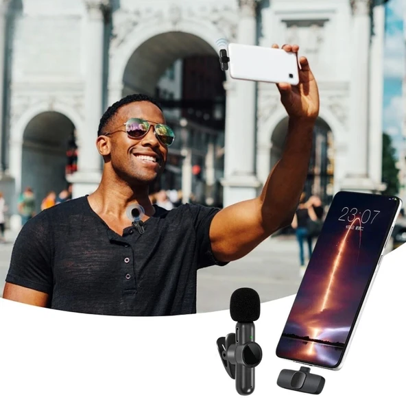 BUFFER® Type C Uyumlu İphone Dönüştürücülü Kablosuz Yaka Mikrofonu Android ve İphone Uyumlu Mini Mikrofon ürün görseli 1