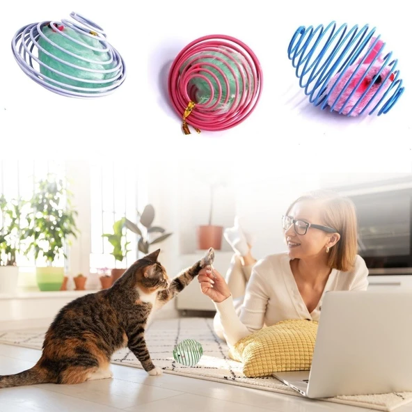 BUFFER® Yaylı Metal Fareli Kafes Kedi Oyun Topu Sıçrayan Spiral Kedi Topu ürün görseli 1