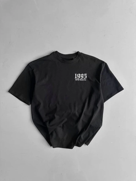 Baskılı Oversize Bisiklet Yaka T-shirt - Siyah ürün görseli 1
