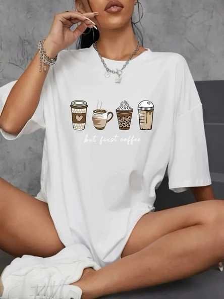 Baskılı Oversize Bisiklet Yaka T-shirt - Beyaz ürün görseli 1