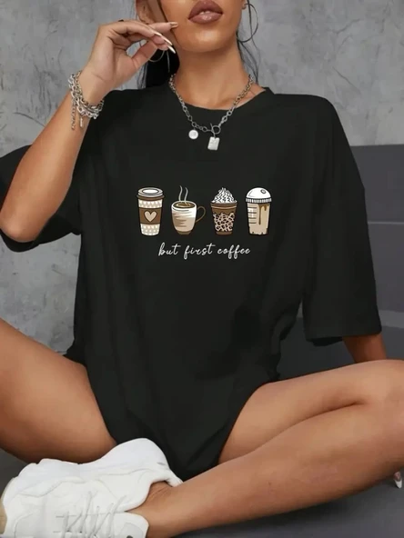 Baskılı Oversize Bisiklet Yaka T-shirt - Siyah ürün görseli 1