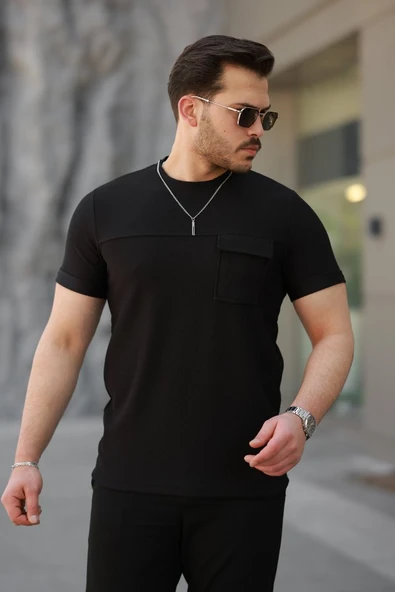 Erkek Cepli Kolyeli Kısa Kollu örme Kumaş T-shirt ürün görseli 1