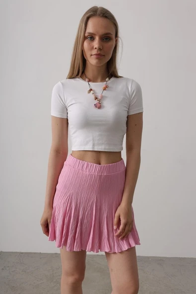 Beli Lastikli Mini Etek - Pembe - Resim 3