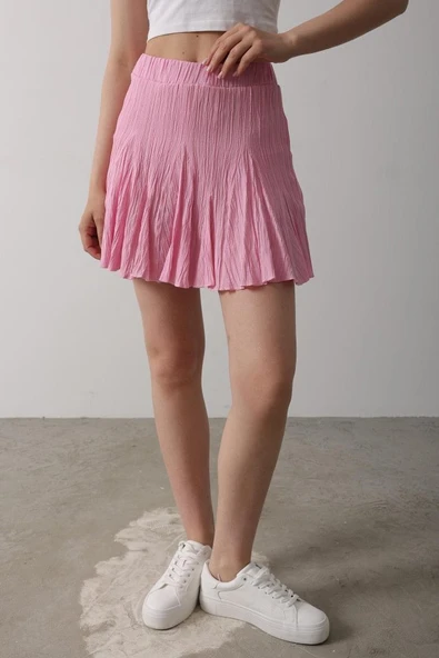 Beli Lastikli Mini Etek - Pembe - Resim 4