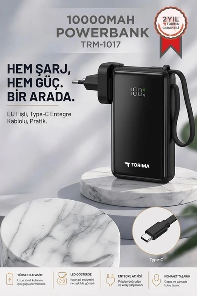 Taşınabilir Batarya 10000 Mah Type-C Hızlı Şarj Dijital Göstergeli 22,5W Powerbank TRM-1017 Siyah ürün görseli 1