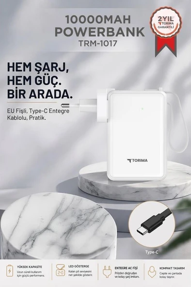 Taşınabilir Batarya 10000 Mah Type-C Hızlı Şarj Dijital Göstergeli 22,5W Powerbank TRM-1017 Beyaz ürün görseli 1