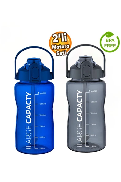 Sağlıklı Polikarbon 1.5L Su Matarası - Pipetli, Taşınabilir, Mavi Gri Renk, Büyük Kapasiteli Suluk ürün görseli 1