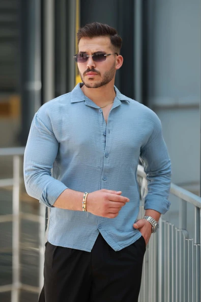 Apaş Yaka Oversize Müslin Kumaş Gömlek - Soğuk Mavi ürün görseli 1