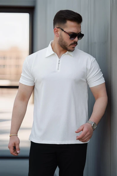 Likralı Örme Yarım Fermuar Polo Yaka Erkek Tişört - Ekru ürün görseli 1