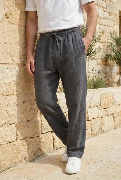 Hafif ve Rahat Müslin Baggy Erkek Pantolon - Füme ürün görseli 1