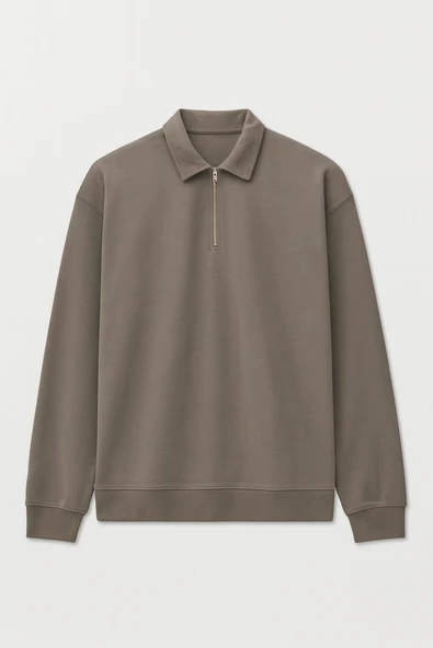 Scuba Modal Kumaş Relaxed Fit Yarım Fermuarlı Polo Yaka Erkek Sweatshirt - Füme ürün görseli 1