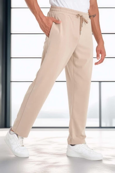 Scuba Modal Kumaş Relaxed Fit Erkek Eşofman Altı Pantolon - Bej ürün görseli 1