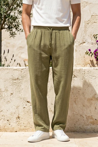 Hafif ve Rahat Müslin Baggy Erkek Pantolon - Haki ürün görseli 1
