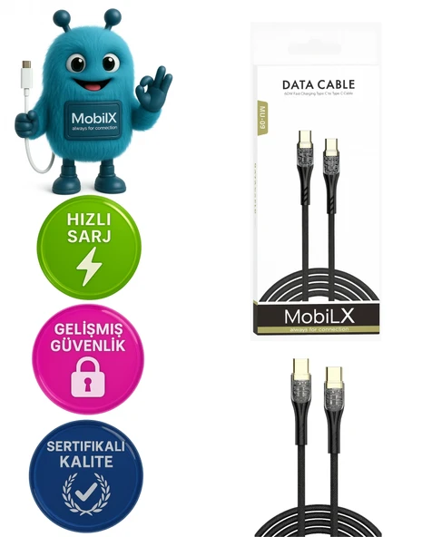 Samsung Xiaomi Oppo Reeder Huawei Uyumlu 60W Örgülü Işıklı Type C To Type C Hızlı Şarj ve Data Kablosu MU-09 ürün görseli 1