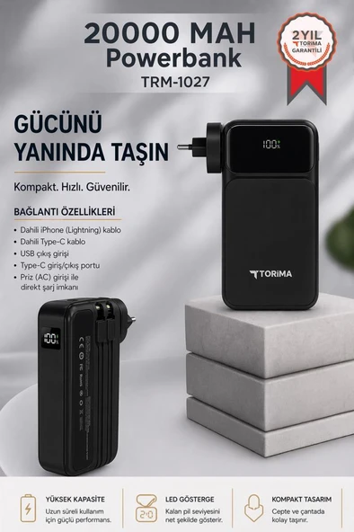 Taşınabilir 20000 Mah Type-C Lightning Hızlı Şarj Dijital Göstergeli 22,5W Powerbank TRM-1027 Siyah ürün görseli 1