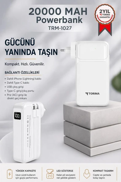 Taşınabilir 20000 Mah Type-C Lightning Hızlı Şarj Dijital Göstergeli 22,5W Powerbank TRM-1027 Beyaz ürün görseli 1