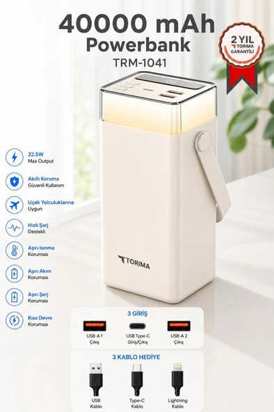 Taşınabilir Batarya 40000 Mah Type-C Lightning Hızlı Şarj Rgb Işıklı 22,5W Powerbank TRM-1041 Beyaz ürün görseli 1