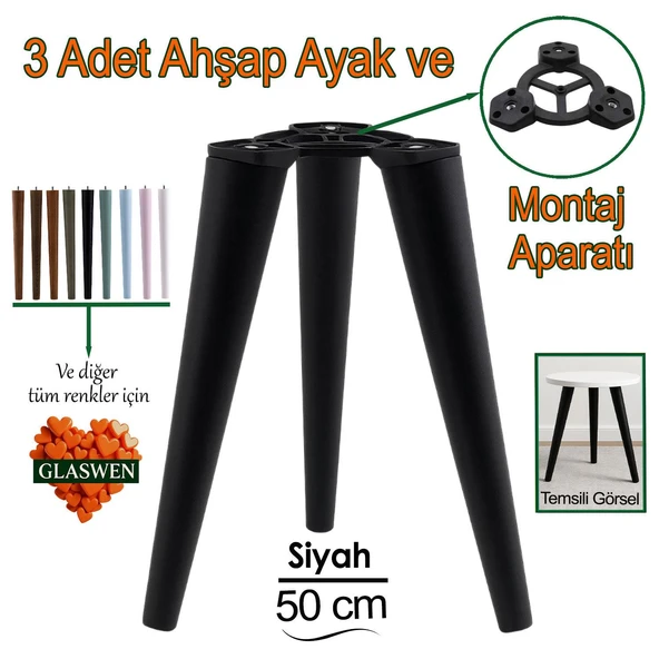 3 Adet Ahşap Ayak 50 Cm Siyah M8 Civatalı Bağlantı Aparatlı Mobilya Tabure Sehpa Masa Destek Ayağı ürün görseli 1