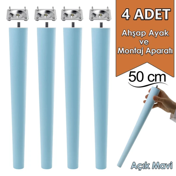 4 Adet Ahşap Ayak 50 Cm Açık Mavi M8 Civatalı Bağlantı Aparatlı Mobilya Tabure Sehpa Masa Destek Ayağı ürün görseli 1